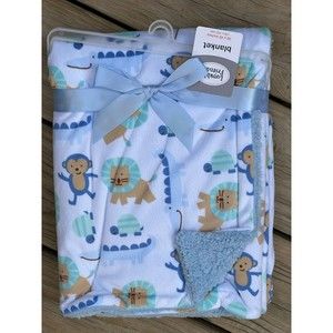 Luvable Friends Baby Boy Plush Blanket with Faux Shearling Back Monkey Lion Blue